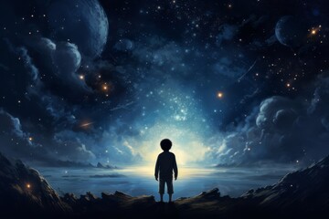 Сhild gazes up at the night sky, dreaming of encounters with beings from other planets.
