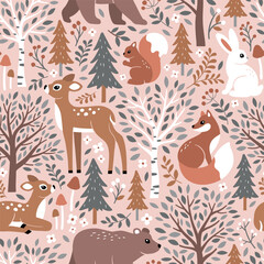 Seamless vector pattern with cute woodland animals. Hand drawn  fawn, fox, squirrel, rabbit and bear. Pine tree, birch tree, mushroom, berry and leaf. Perfect for textile, wallpaper or print design.
