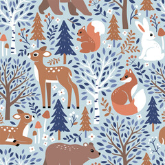 Seamless vector pattern with cute woodland animals. Hand drawn  fawn, fox, squirrel, rabbit and bear. Pine tree, birch tree, mushroom, berry and leaf. Perfect for textile, wallpaper or print design.

