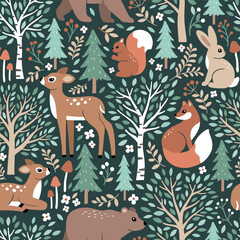 Seamless vector pattern with cute woodland animals. Hand drawn  fawn, fox, squirrel, rabbit and bear. Pine tree, birch tree, mushroom, berry and leaf. Perfect for textile, wallpaper or print design.
