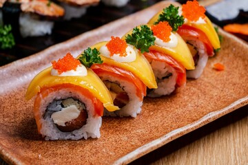 The composition of nigiri sushi with tuna, salmon, shrimp, butterfish on rice
