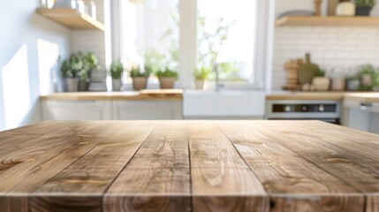 Empty beautiful wood table top counter and blur bokeh modern kitchen interior background