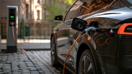 An electric vehicle is being charged at a station, while its wheels, tires, and alloy wheels rest peacefully under the hood. AIG41