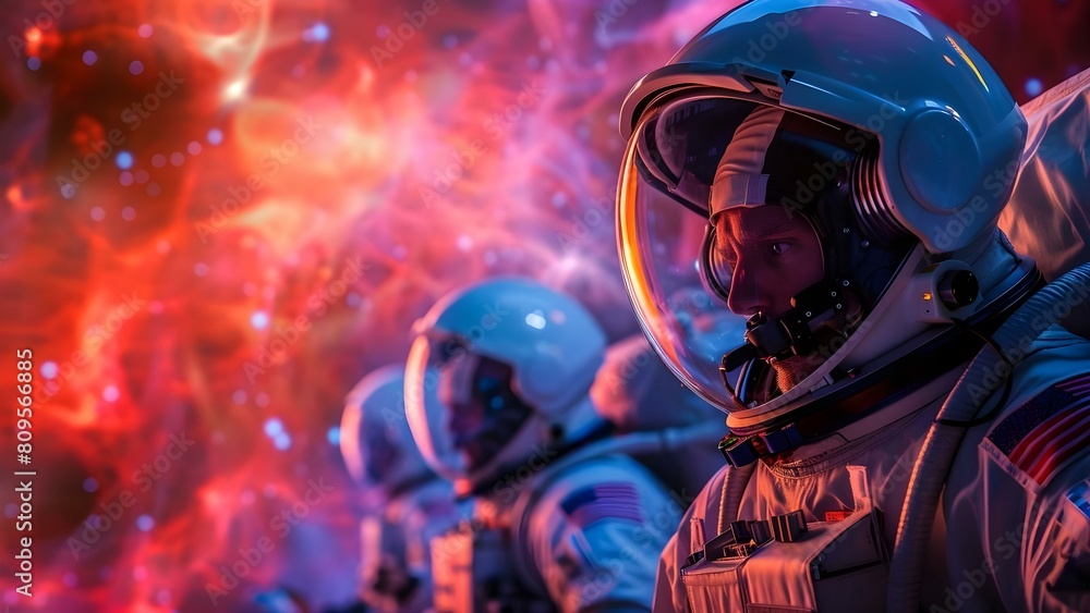 Poster astronaut team in spaceship with nebula background exploring space. concept space exploration, astro