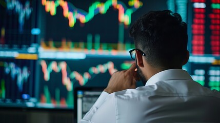 Diligent businessman analyzing real-time stock market data on digital tablet in modern office setting