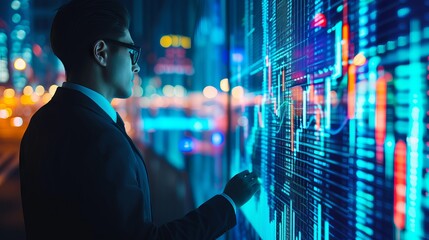 Diligent businessman analyzing real-time stock market data on digital tablet in modern office setting