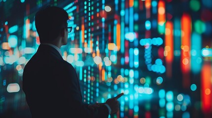 Diligent businessman analyzing real-time stock market data on digital tablet in modern office setting