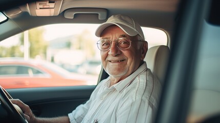 Journey of joy, happy Smiling pensioner 70 -80 years old wearing glasses in a car