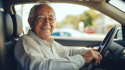 Confident and happy European pensioner in glasses driving his car