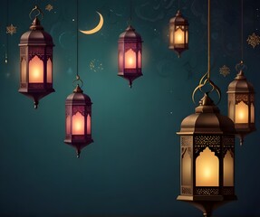 Obraz premium Islamic greetings ramadan kareem card design template. Space for text. background with beautiful lantern.generative.ai 