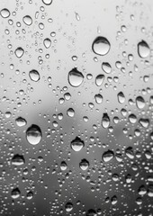 A close up of rain drops on a window with a cloudy sky in the background