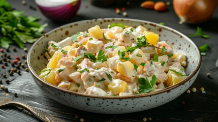 Traditional dishes of Armenian cuisine. Salad with chicken.
