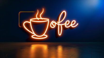 Coffee name board made of very beautiful neon light. A billboard lit up at night.