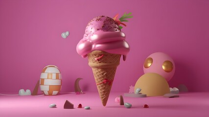 Ice cream cone isolated on background 3D illustration Generative AI