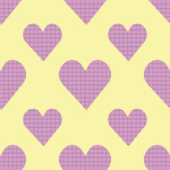 Seamless pattern with hearts, cute gradient, colorful romantic festive School theme, soft yellow and purple checkered