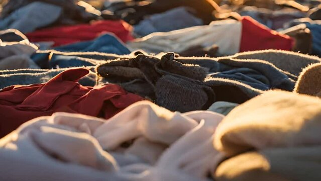pile of textile fabric clothes for recycling. clothing industry pollution. reuse of garment, fast fashion concept