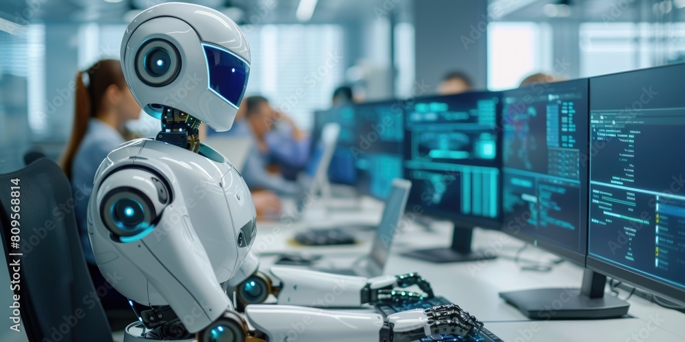 Poster a humanoid robot with advanced features is seated at a desk, engaging in tasks alongside human colle