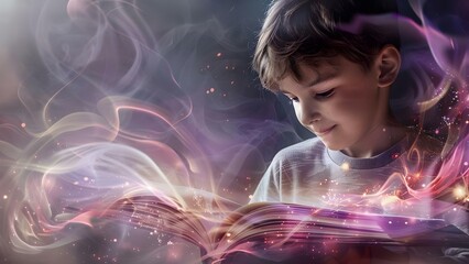 Teenage boy reading mangastyle book drawn with lights and shadows looks happy. Concept Teenage boy, Reading, Manga style, Light and shadow, Happy