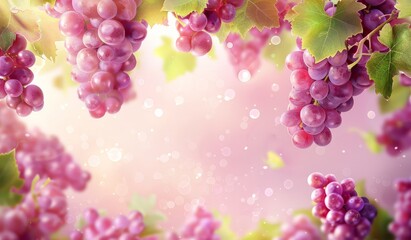 A close-up image of a bunch of ripe red grapes with green leaves on a blurred background.