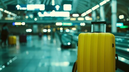A yellow suitcase sits on a moving walkway in an airport.