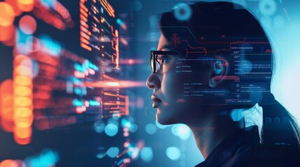 A young female software engineer wearing glasses is looking at lines of programming code displayed on a screen