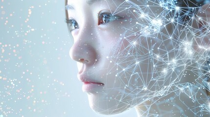 Fototapeta premium The image shows a beautiful young woman with a glowing network of connections around her head