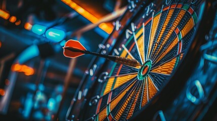 The image shows a close-up of a dartboard with a red dart in the center