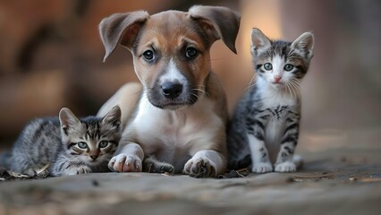 Heartbreaking image of homeless puppy and kitten seeking shelter together on street. Concept Homeless Animals, Heartbreaking Scenes, Animal Bonding, Stray Pets, Street Life