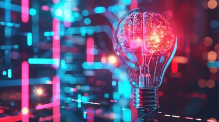 The image shows a glowing light bulb with a brain inside. The background is a blur of blue and purple lights. The image represents the concept of a bright idea or a new thought.