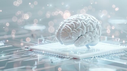 The image shows a glowing white brain on a futuristic surface. The brain is surrounded by a network of glowing white lines.