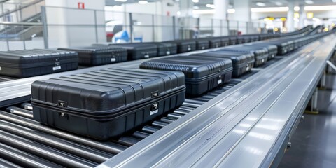 The image shows a luggage conveyor belt at an airport.