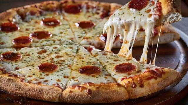 Create enticing restaurant promotion with person enjoying cheesy pizza slice. Concept "Indulge in Cheesy Heaven! Enjoy a slice of pure delight at our restaurant and experience the ultimate cheesy bli