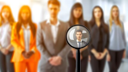 Focused group searching for candidate in labor market using magnifying glass. Concept Labor Market Research, Candidate Selection, Focused Search, Recruiting Process, Magnifying Glass Approach