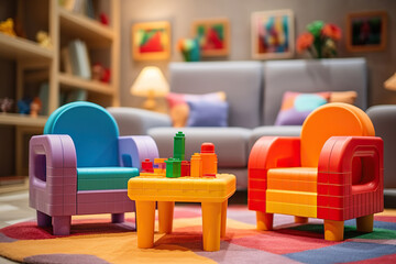 Room interior in cartoon 3D style with an armchair and shelves on the wall. Kids toys. Generated by artificial intelligence