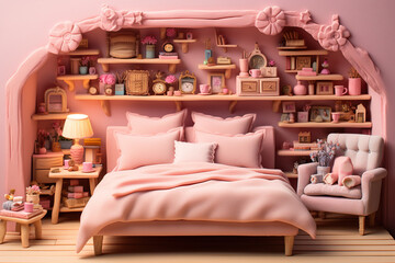 Cartoon 3D interior of a room in pink shades with a large bed. Generated by artificial intelligence