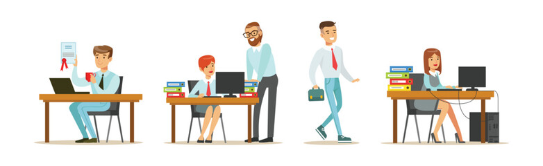 Business Man and Woman Worker and Staff Perform Office Duty Vector Set