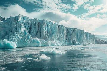 wallpaper of a shrinking glaciers, with rocky moraines as the background, during accelerated glacial melt