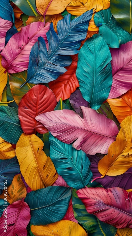 Poster Array of colorful tropical leaves arranged creatively to form a full-frame background