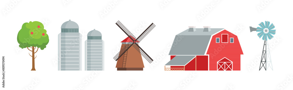 Poster farm and ranch rural object with tree, barn, windmill and tower vector set