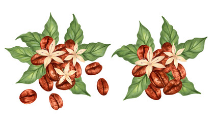 Composition of coffee beans with leaves and flowers. Coffee day. Illustration with watercolor and marker. Collection of Robusta and Arabica varieties. Hand drawn isolated art. Production, harvesting