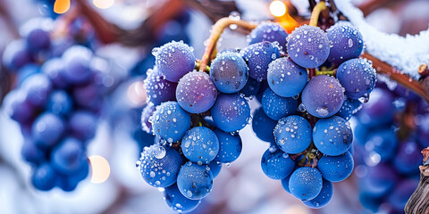 Dew-Kissed Red Grapes on Vine in Morning Light.