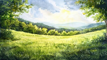 Landscape painting with watercolors showcasing green foliage meadows and the outline of a forest under a sunny sky