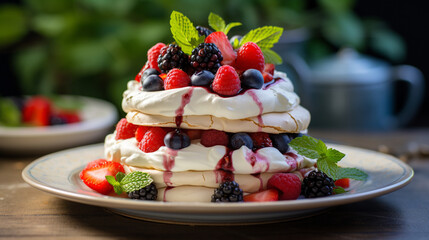 Berry topped pavlova with fresh mint, light and airy meringue, summer dessert