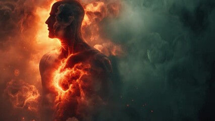 A human chest with an exploding heart inside, medical  the image is dark and sad with dark colors.