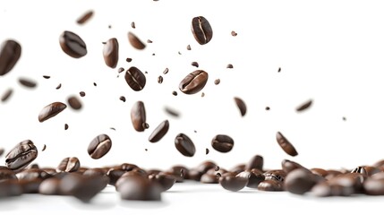 Freshly roasted coffee beans falling through the air against a white background.
