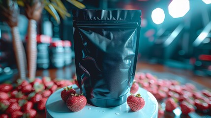 A black bag with a white label sits on a table with a bunch of strawberries. The strawberries are arranged in a way that they are all facing the camera, creating a sense of focus