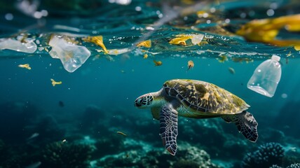 Fototapeta premium Capture the impact of pollution on marine life with this powerful image. Jellyfish and plastic bags coexist beneath the ocean's surface, posing a threat to turtles.