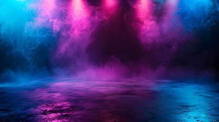 Abstract scene with podium and smoke, neon light, render