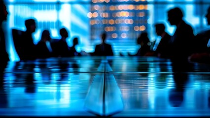 Focus on office table during a business meeting in a boardroom with blurred individuals. Concept Boardroom Meeting, Office Environment, Business Professionals, Workplace Setting, Blurred Background