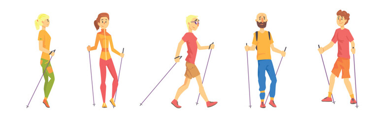 Man and Woman Character Practicing Nordic Walking Vector Set